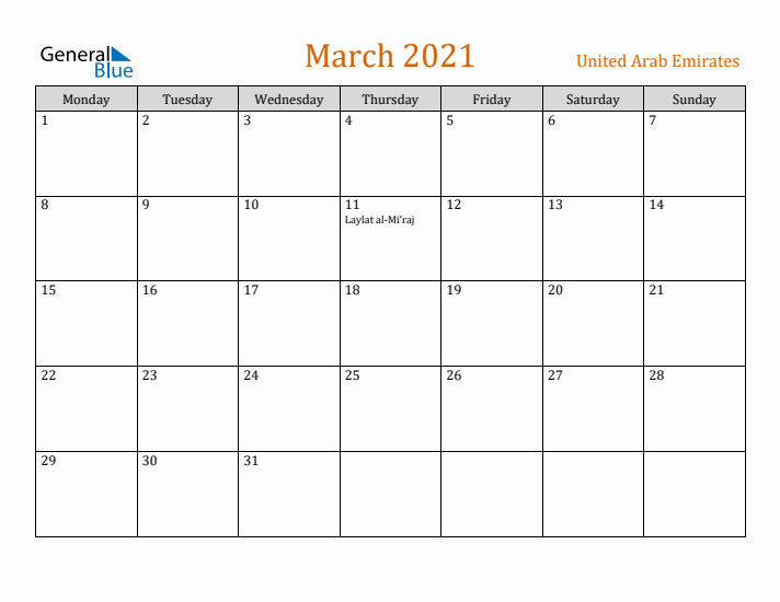 March 2021 Holiday Calendar with Monday Start