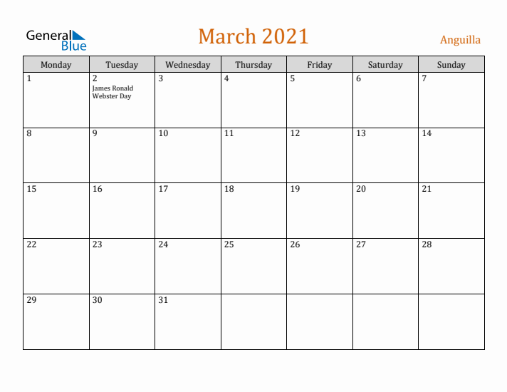 March 2021 Holiday Calendar with Monday Start