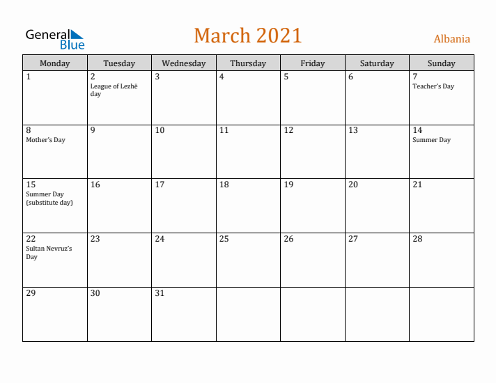 March 2021 Holiday Calendar with Monday Start