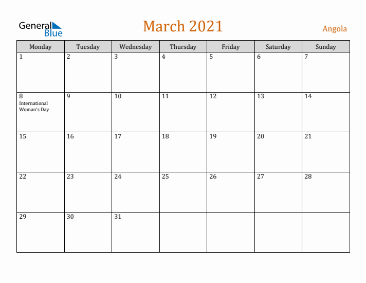 March 2021 Holiday Calendar with Monday Start