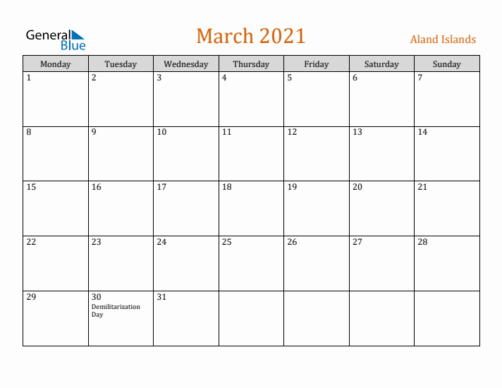 March 2021 Holiday Calendar with Monday Start