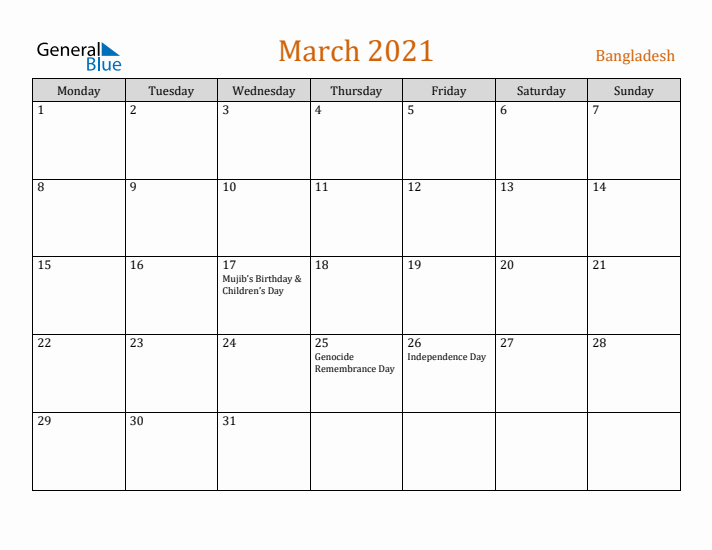 March 2021 Holiday Calendar with Monday Start