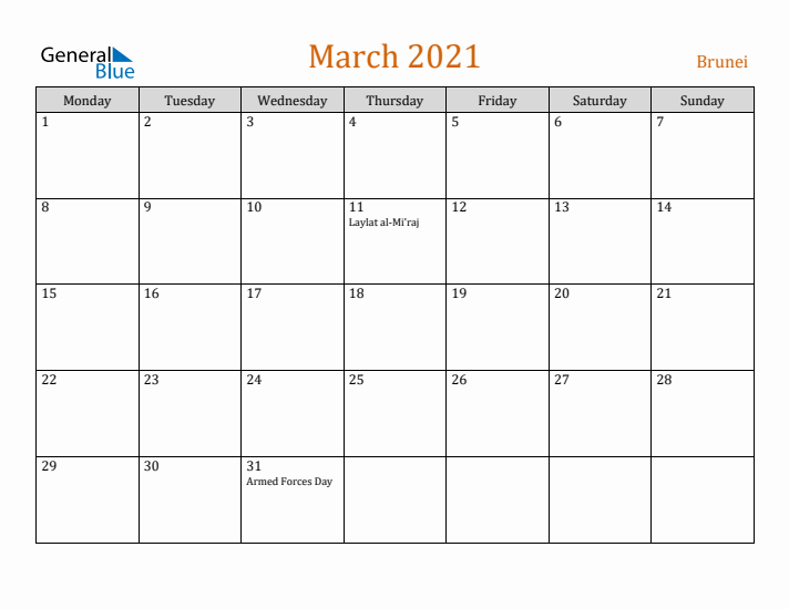 March 2021 Holiday Calendar with Monday Start