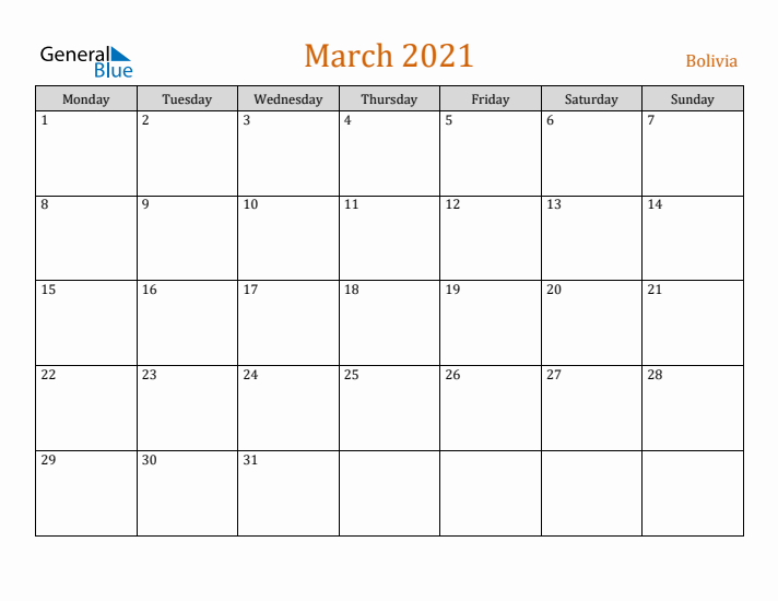 March 2021 Holiday Calendar with Monday Start