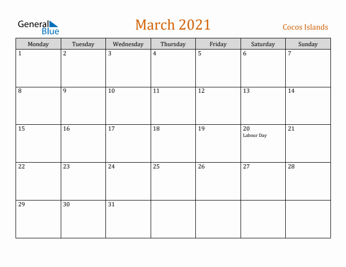 March 2021 Holiday Calendar with Monday Start