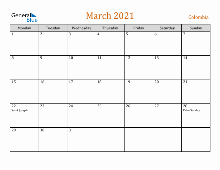 March 2021 Holiday Calendar with Monday Start