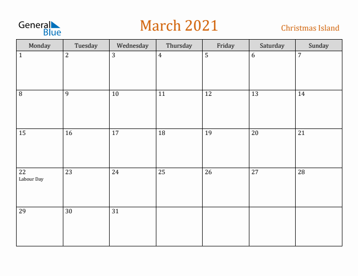 March 2021 Holiday Calendar with Monday Start