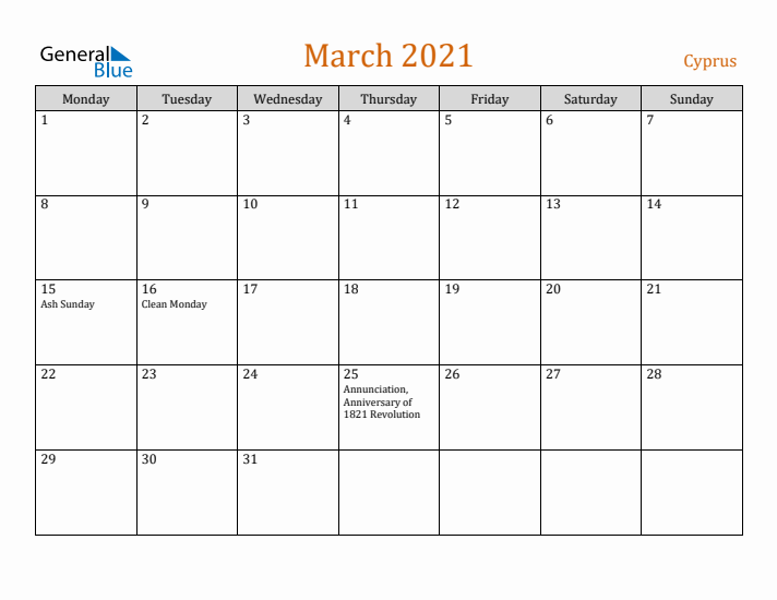 March 2021 Holiday Calendar with Monday Start