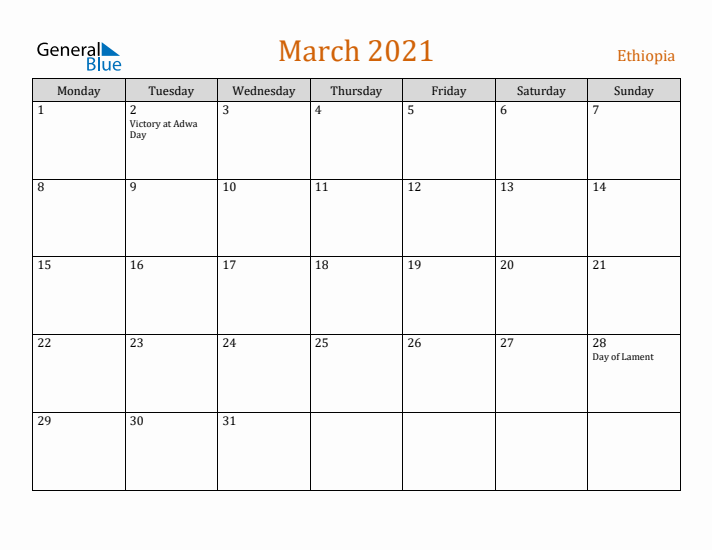 March 2021 Holiday Calendar with Monday Start