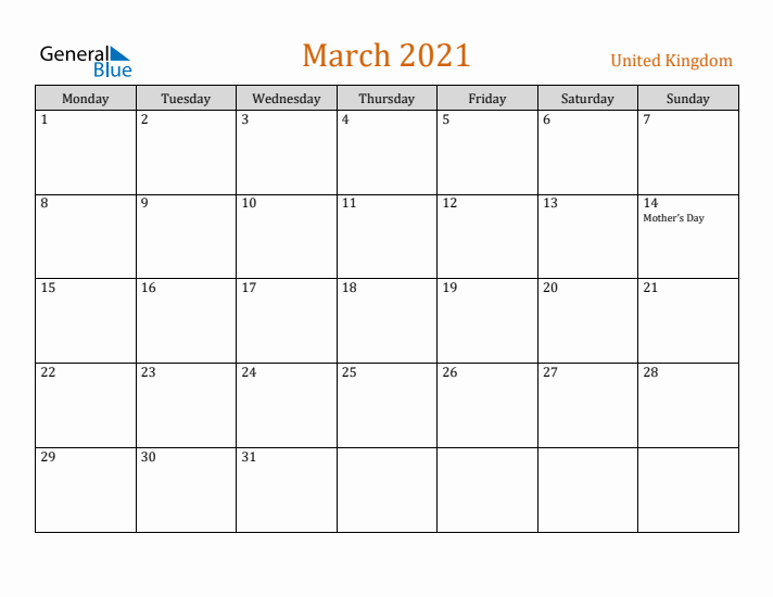 March 2021 Holiday Calendar with Monday Start