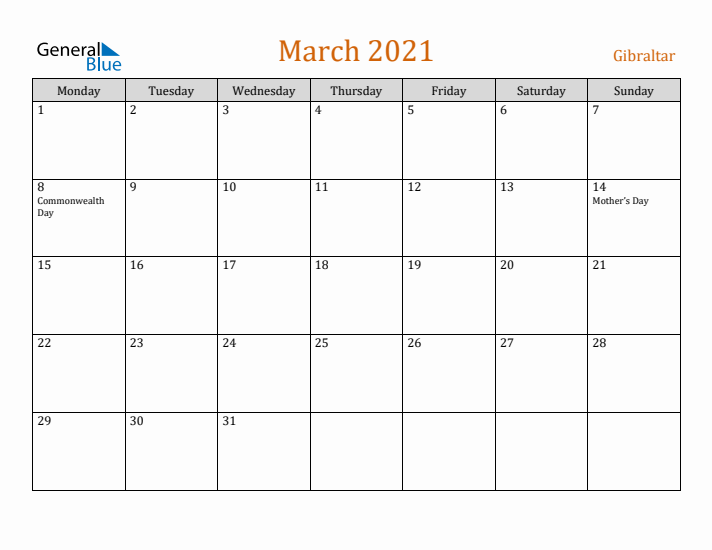 March 2021 Holiday Calendar with Monday Start