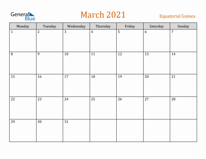 March 2021 Holiday Calendar with Monday Start