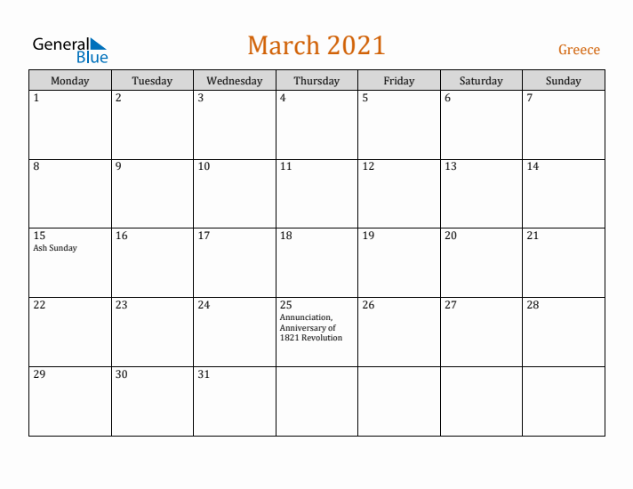 March 2021 Holiday Calendar with Monday Start