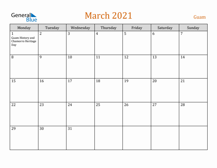 March 2021 Holiday Calendar with Monday Start