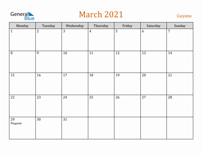 March 2021 Holiday Calendar with Monday Start