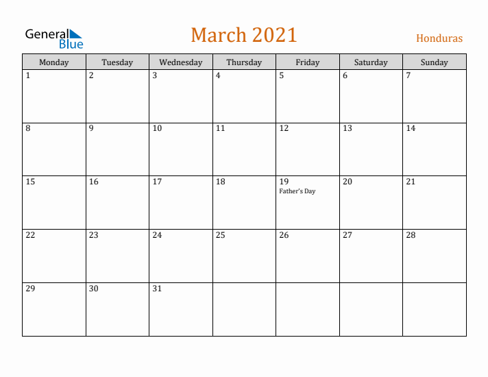 March 2021 Holiday Calendar with Monday Start