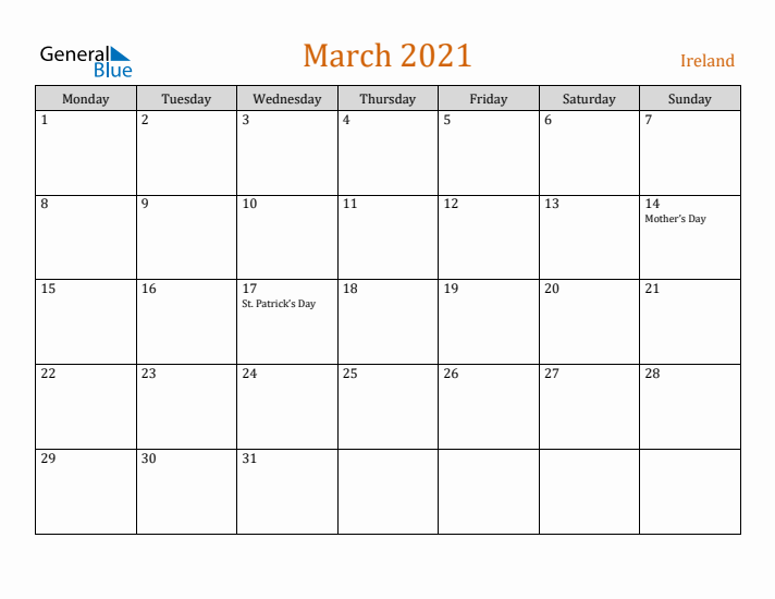 March 2021 Holiday Calendar with Monday Start