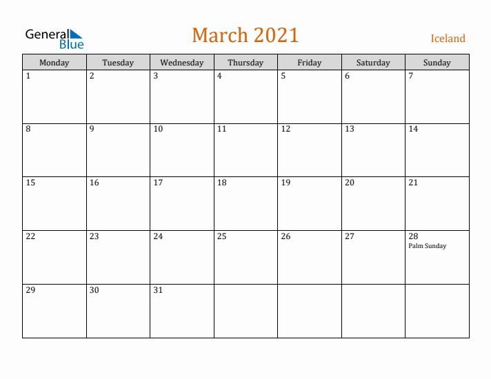 March 2021 Holiday Calendar with Monday Start