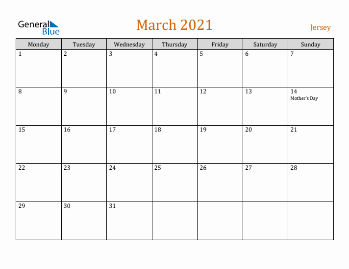 March 2021 Holiday Calendar with Monday Start