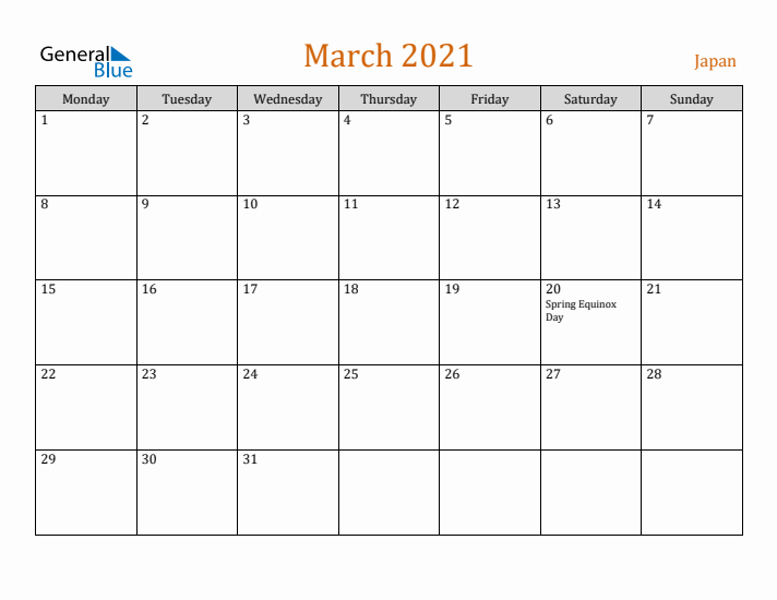 March 2021 Holiday Calendar with Monday Start