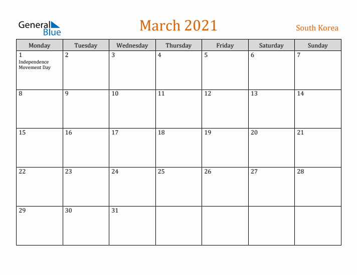 March 2021 Holiday Calendar with Monday Start