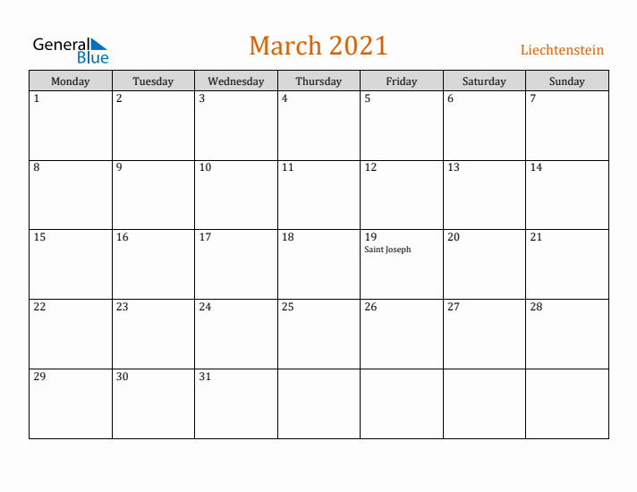 March 2021 Holiday Calendar with Monday Start