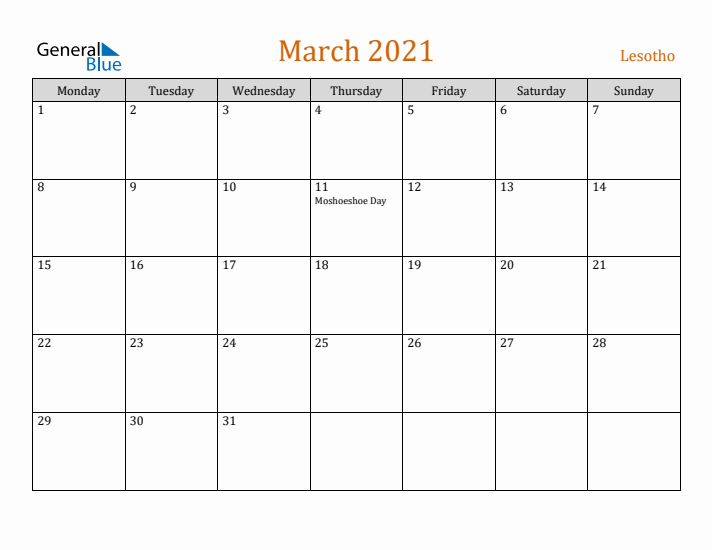 March 2021 Holiday Calendar with Monday Start