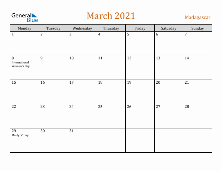 March 2021 Holiday Calendar with Monday Start