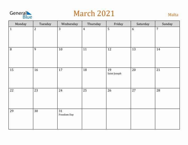 March 2021 Holiday Calendar with Monday Start