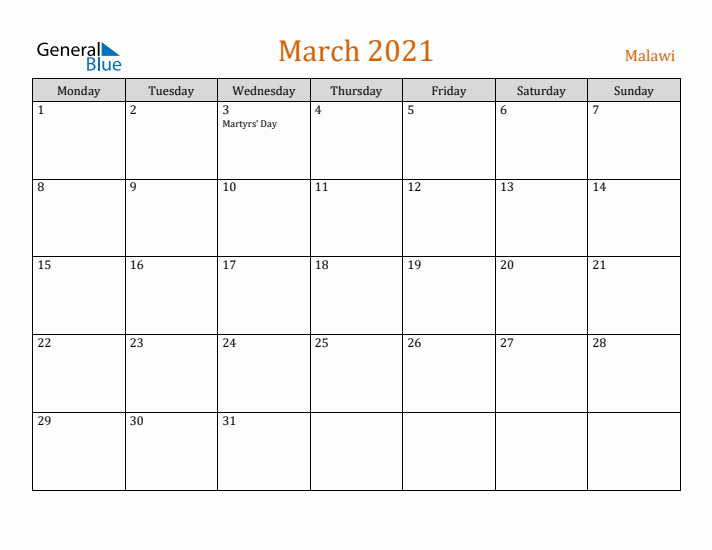 March 2021 Holiday Calendar with Monday Start