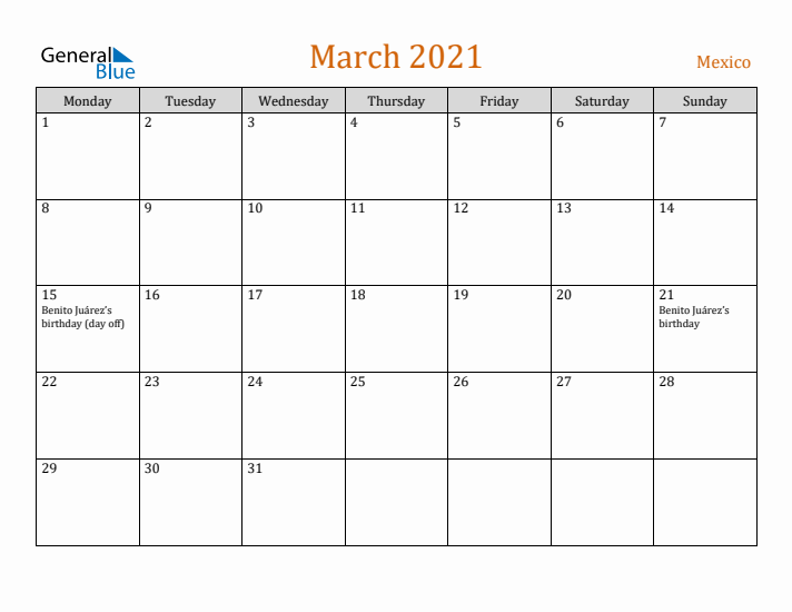 March 2021 Holiday Calendar with Monday Start