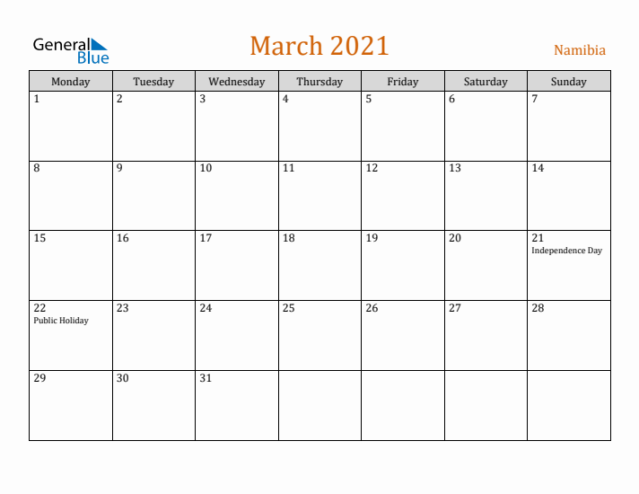 March 2021 Holiday Calendar with Monday Start