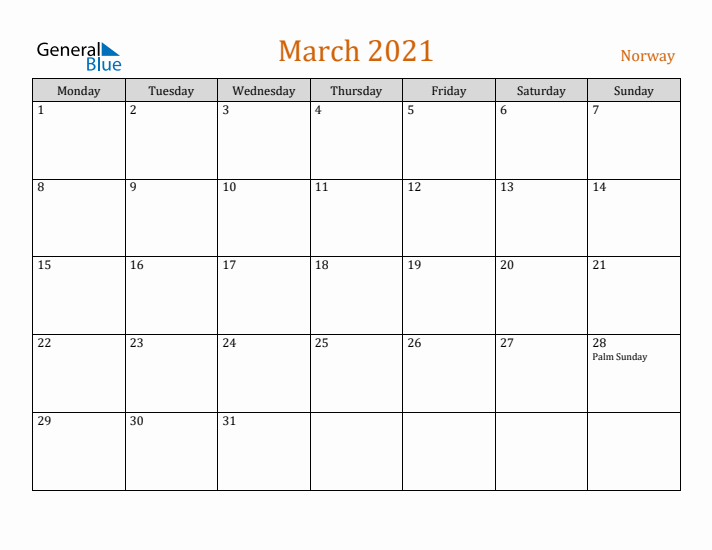 March 2021 Holiday Calendar with Monday Start