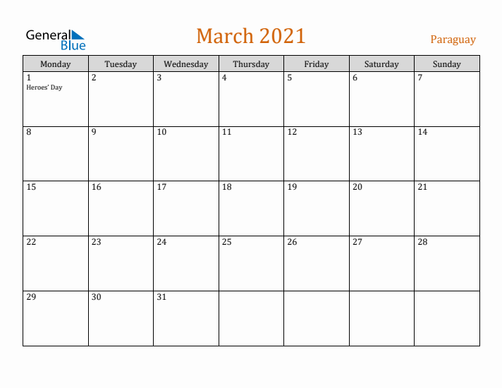 March 2021 Holiday Calendar with Monday Start