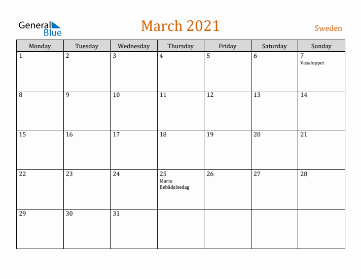 March 2021 Holiday Calendar with Monday Start