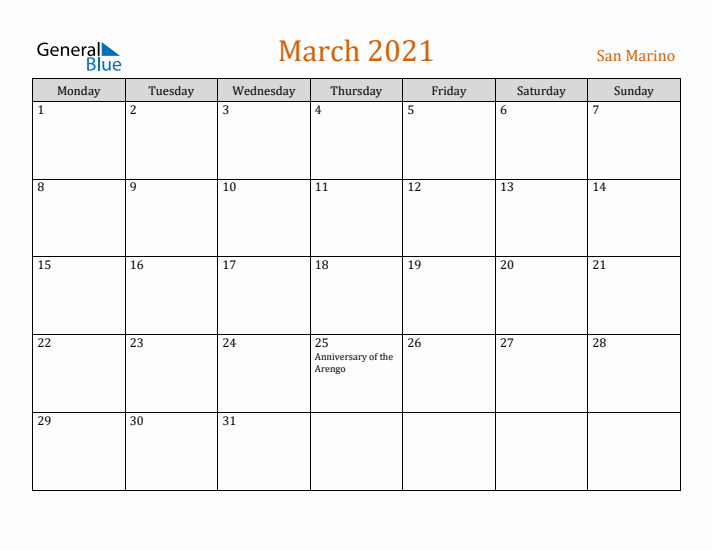 March 2021 Holiday Calendar with Monday Start