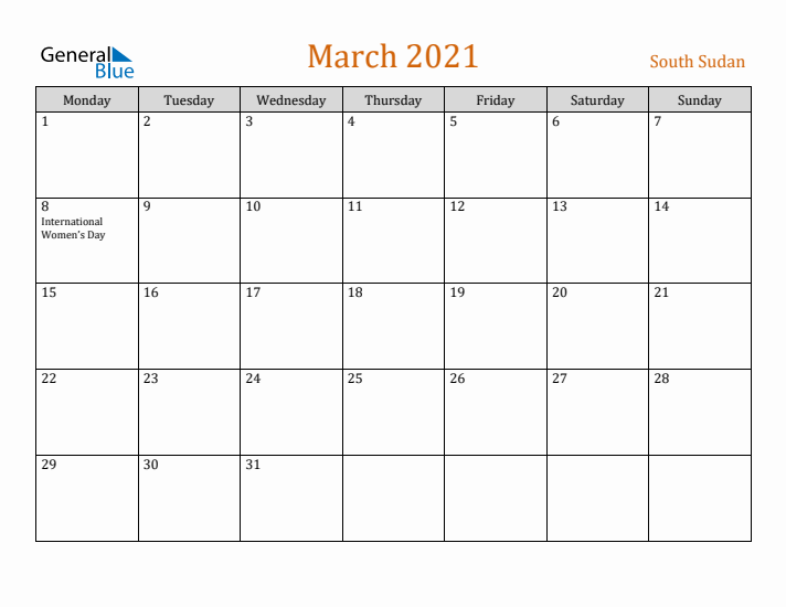 March 2021 Holiday Calendar with Monday Start