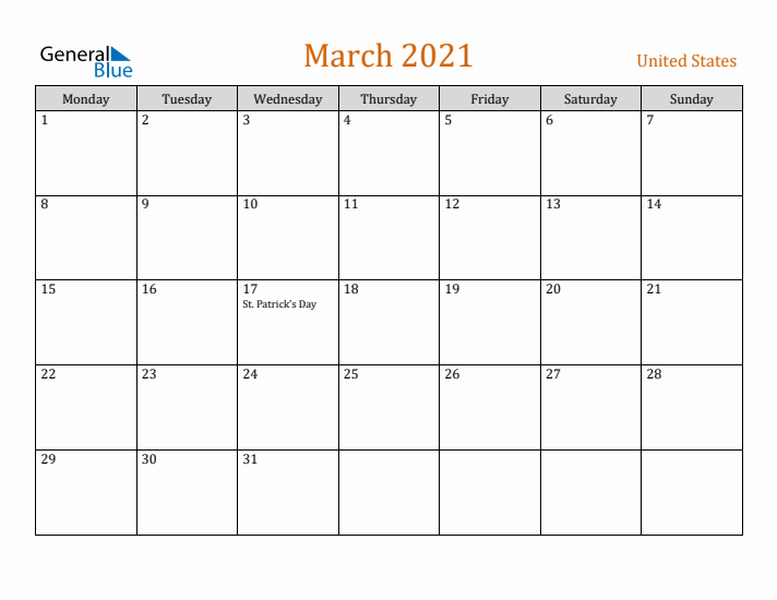 March 2021 Holiday Calendar with Monday Start