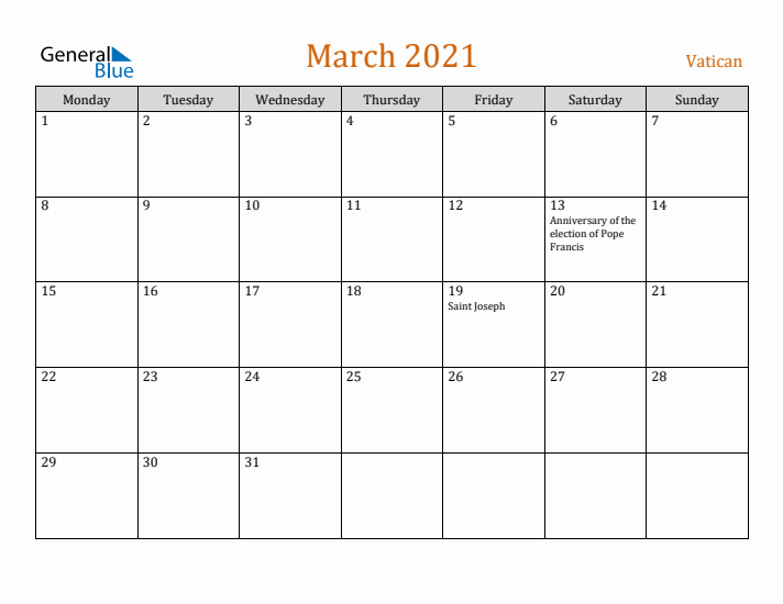 March 2021 Holiday Calendar with Monday Start