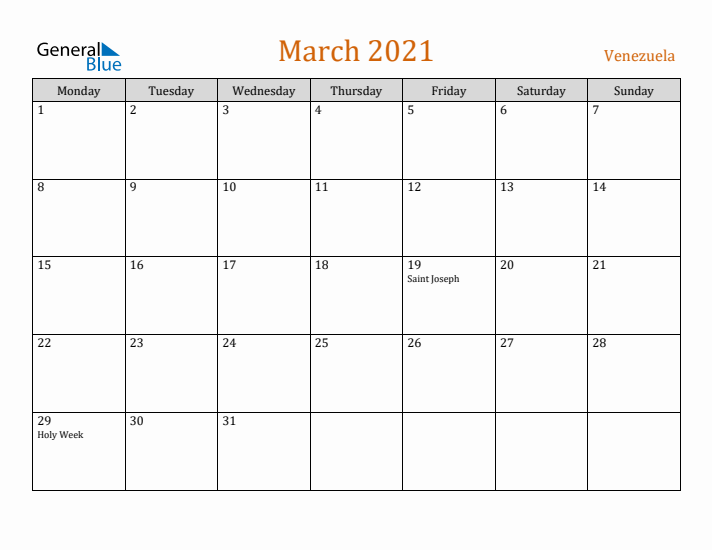 March 2021 Holiday Calendar with Monday Start