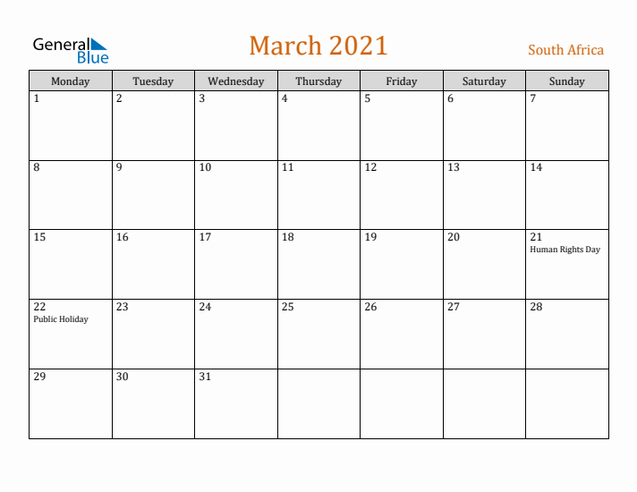 March 2021 Holiday Calendar with Monday Start