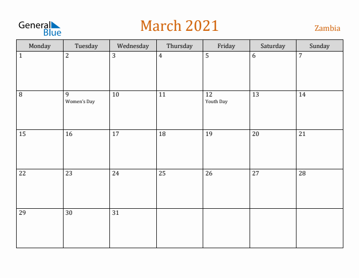 March 2021 Holiday Calendar with Monday Start