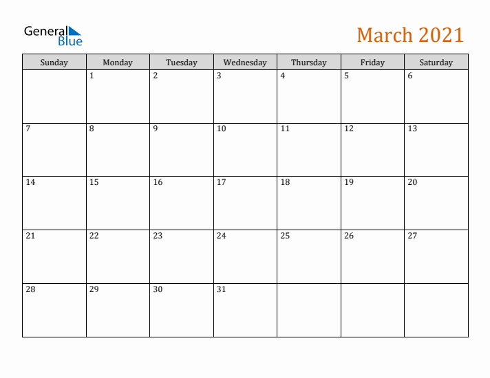 Editable March 2021 Calendar