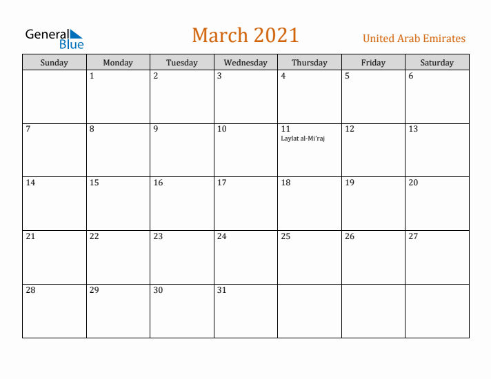 March 2021 Holiday Calendar with Sunday Start