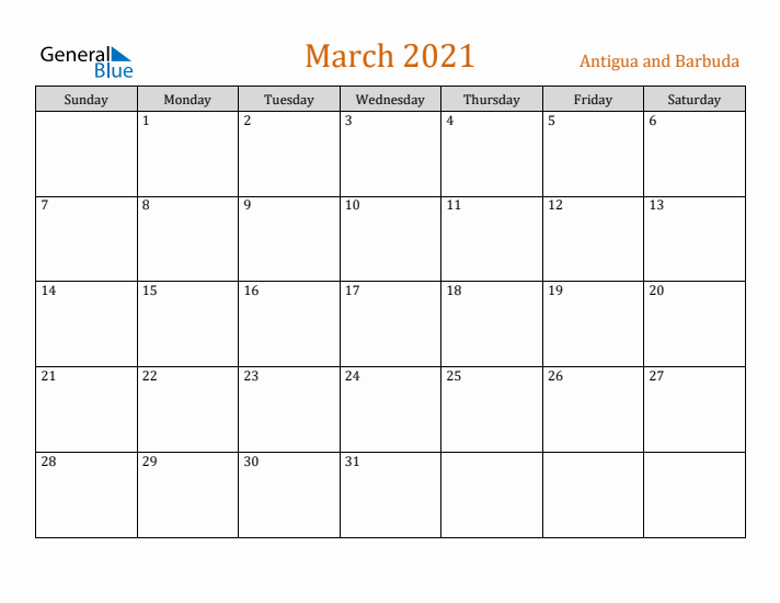 March 2021 Holiday Calendar with Sunday Start