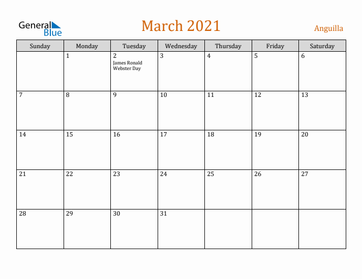 March 2021 Holiday Calendar with Sunday Start