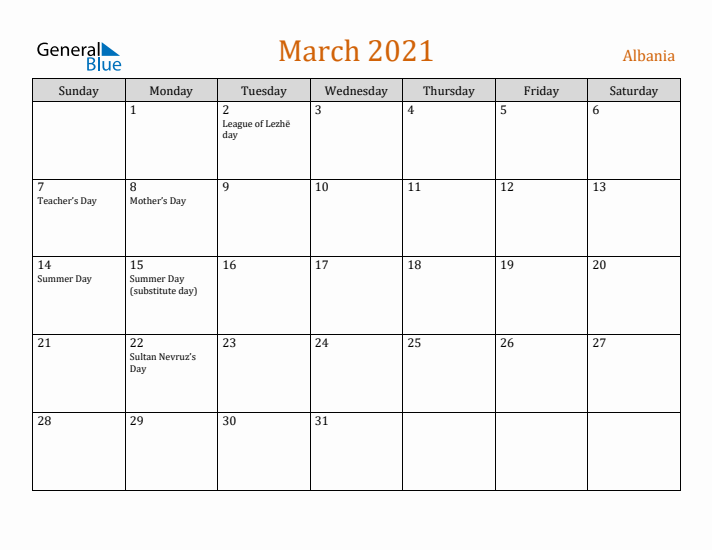 March 2021 Holiday Calendar with Sunday Start