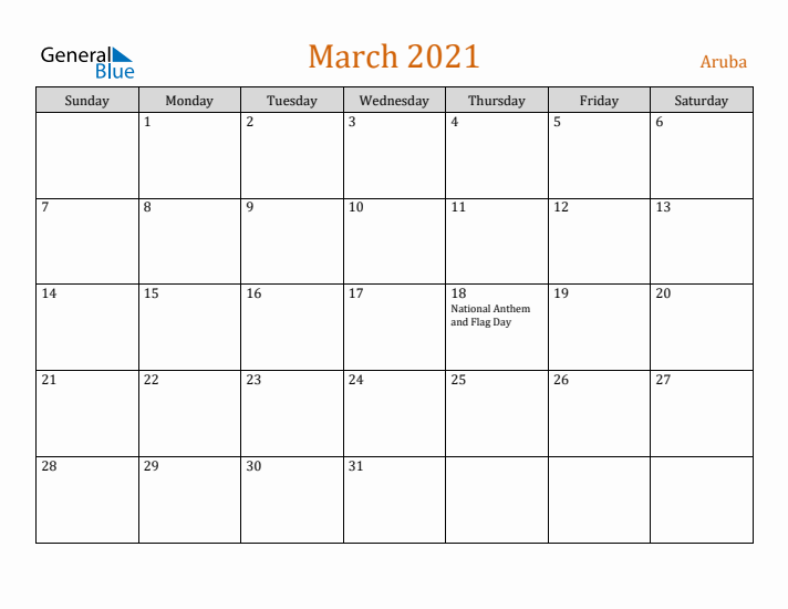 March 2021 Holiday Calendar with Sunday Start