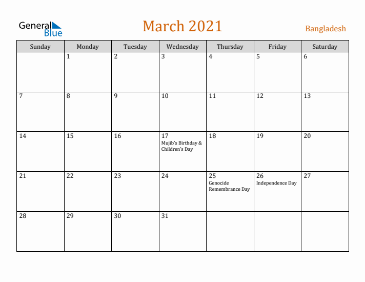 March 2021 Holiday Calendar with Sunday Start