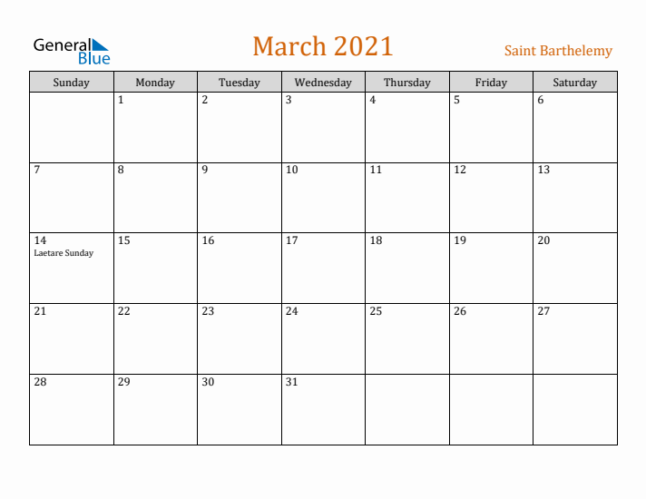 March 2021 Holiday Calendar with Sunday Start